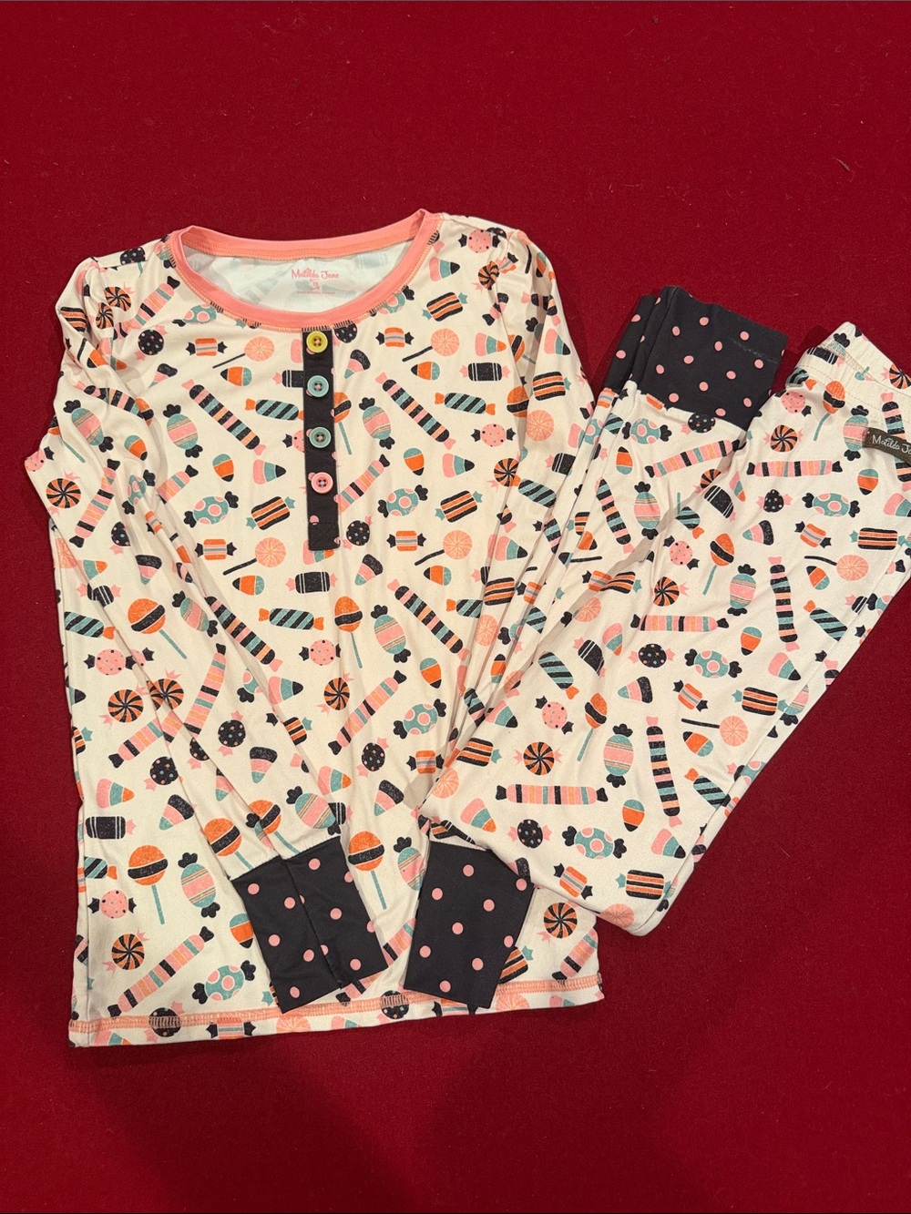 Matilda Jane Cream Halloween Candy-Print Pajama Set with Navy Polka-Dot Accents